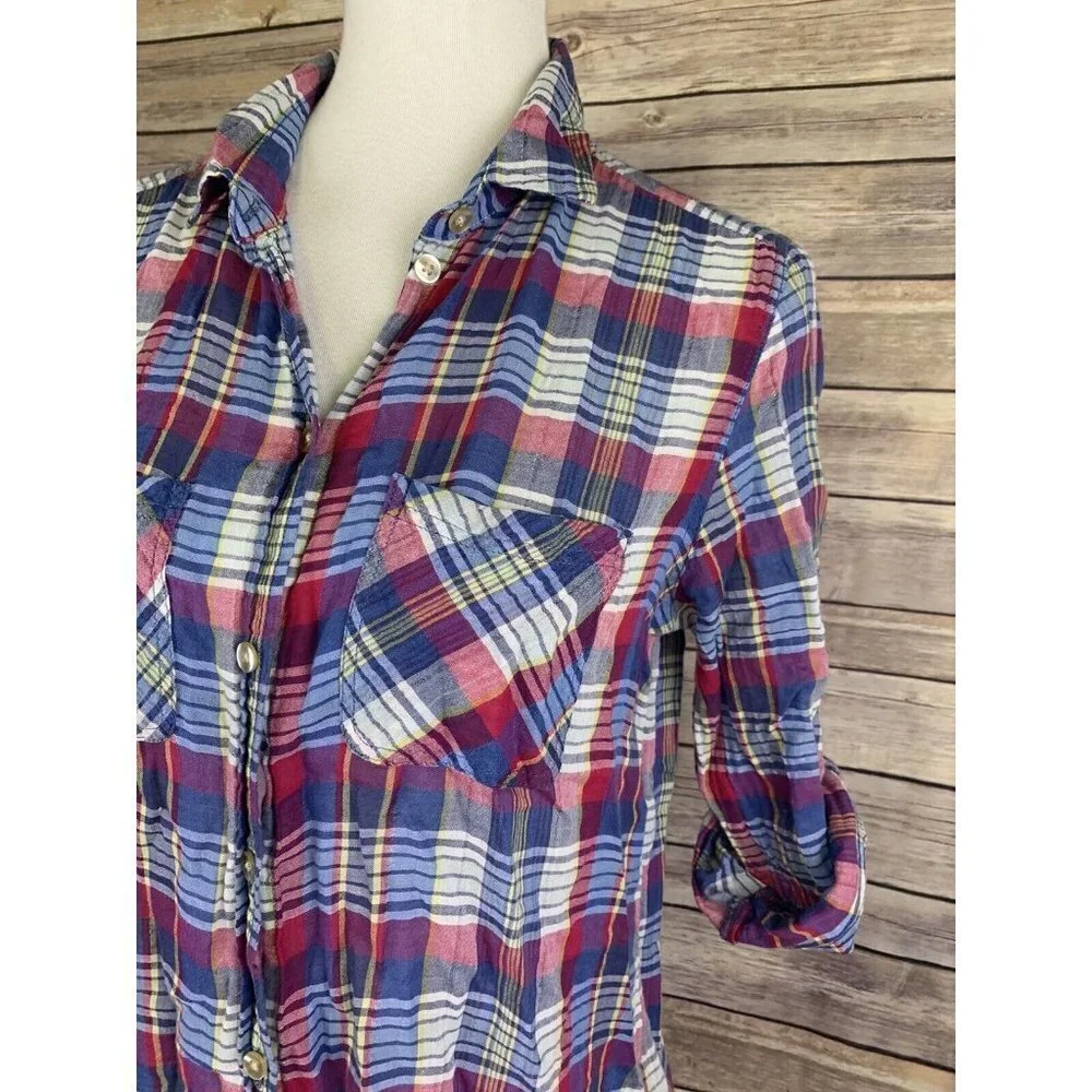 American Eagle Womens M Vintage Boyfriend Plaid Top Button Front Tabbed Sleeves - Picture 3 of 10